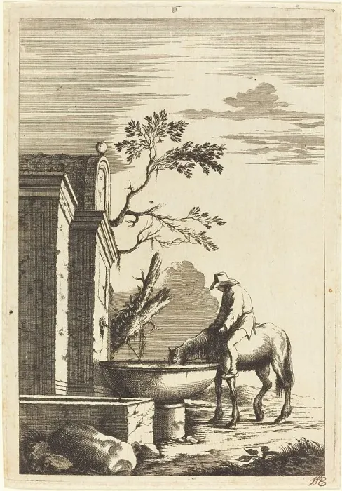 Framed Print : Horse and Rider at a Fountain, c. 1650. Creator: Bernhard Zaech Framed Print : Horse and Rider at a Fountain, c. 1650. Creator: Bernhard Zaech