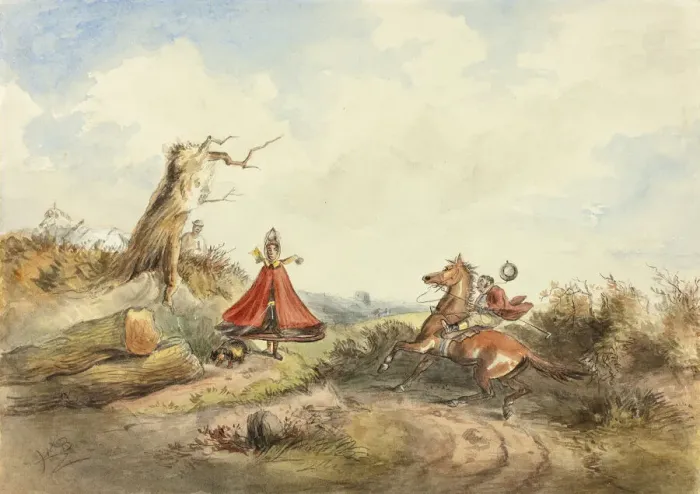 Framed Print : Horse with Rider Shying Away From Woman with Dog, c. 1860. Creator: Hablot Knight Browne Framed Print : Horse with Rider Shying Away From Woman with Dog, c. 1860. Creator: Hablot Knight Browne