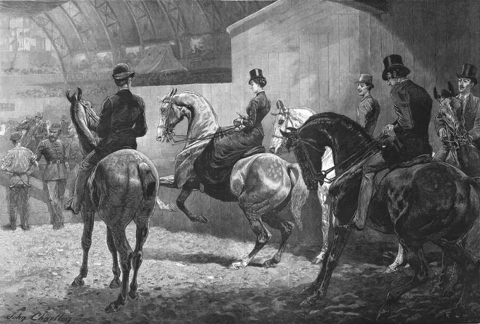 Framed Print : At the Horse-Show - Waiting their turn to enter the ring, 1886. Creator: Unknown Framed Print : At the Horse-Show - Waiting their turn to enter the ring, 1886. Creator: Unknown