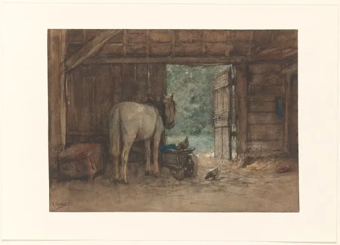 Framed Print : Horse in a stable at an open stable door, c.1848-c.1888. Creator: Anton Mauve