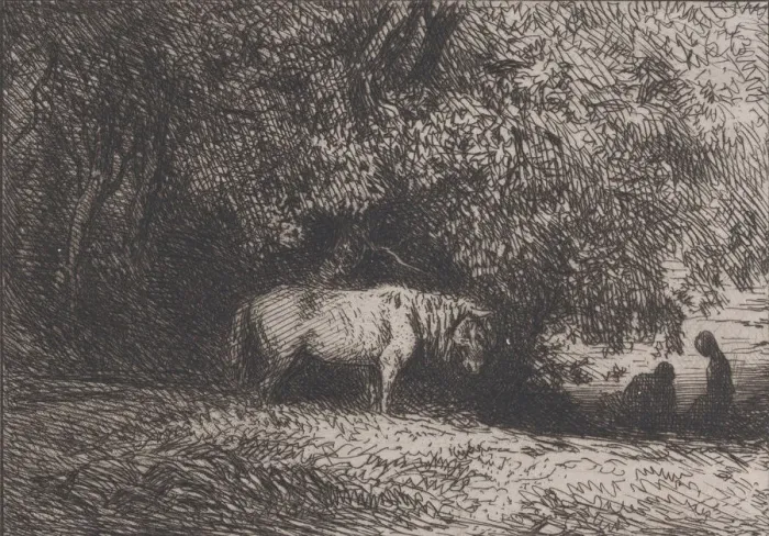 Framed Print : Horse Under a Tree Branch, 1846. Creator: Charles Emile Jacque Framed Print : Horse Under a Tree Branch, 1846. Creator: Charles Emile Jacque