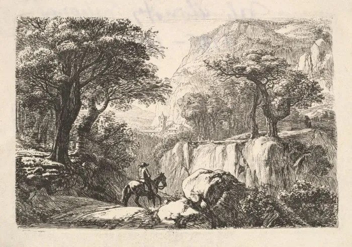 Framed Print : The Horseback Rider in the Gorge, 19th century. Creator: Johann Christian Erhard Framed Print : The Horseback Rider in the Gorge, 19th century. Creator: Johann Christian Erhard