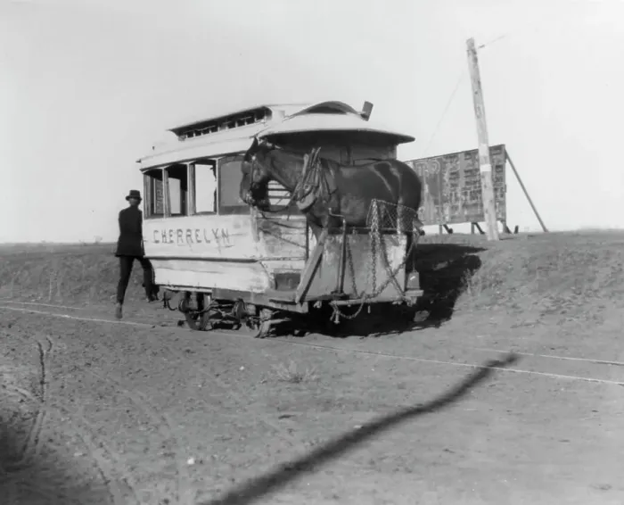 Framed Print : The horsecar Cherrelyn with a horse aboard - Denver, Colorado, 1903. Creator: Frances Benjamin Johnston. The horsecar Cherrelyn with a horse aboard - Denver, Colorado, 1903. Creator: Frances Benjamin Johnston