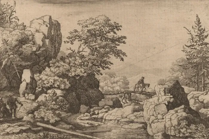 Framed Print : Horseman on a Bridge, probably c. 1645 / 1656. Creator: Allart van Everdingen Framed Print : Horseman on a Bridge, probably c. 1645 / 1656. Creator: Allart van Everdingen