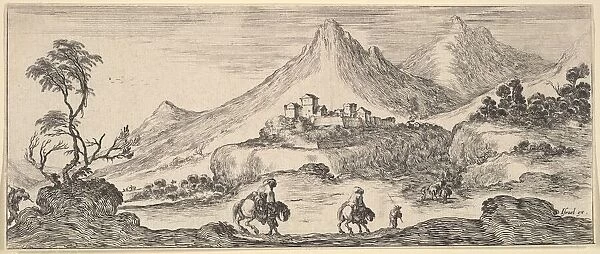 Two horseman descend a hill in center, following another man on foot, a castle in the