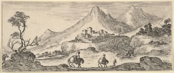 Framed Print : Two horseman descend a hill in center, following another man on foot, a castle in Framed Print : Two horseman descend a hill in center, following another man on foot, a castle in