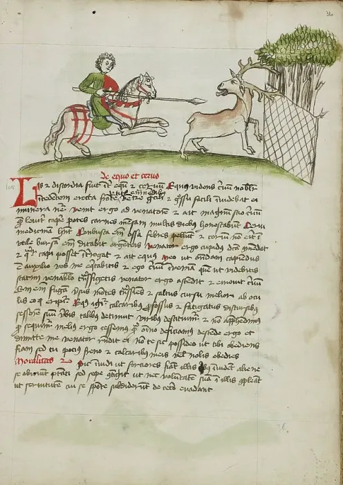 Framed Print : A Horseman Following a Stag Which has Been Captured in a Net; Fables, third quarter of 15th century. Creator: Unknown Framed Print : A Horseman Following a Stag Which has Been Captured in a Net; Fables, third quarter of 15th century. Creator: Unknown