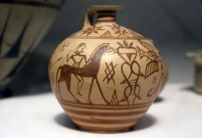 Framed Print : Horseman on Greek Scent-Bottle (Araballos) Proto-Corinthian, c7th century BC Framed Print : Horseman on Greek Scent-Bottle (Araballos) Proto-Corinthian, c7th century BC