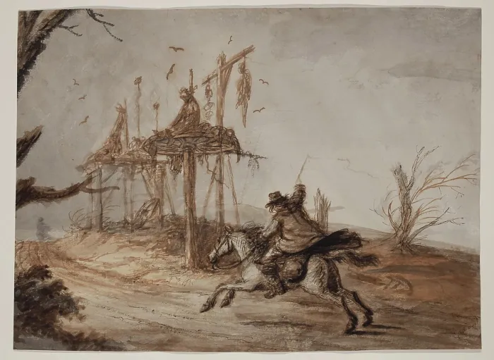 Framed Print : Horseman in a Landscape of Hanged and Gibbeted Men, c1800. Creator: Henry William Bunbury Framed Print : Horseman in a Landscape of Hanged and Gibbeted Men, c1800. Creator: Henry William Bunbury