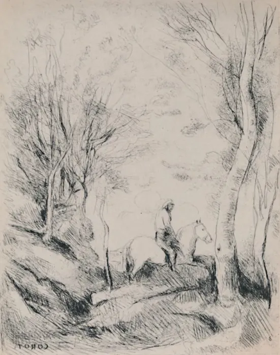 Framed Print : The Horseman in the Wood, c. 1854, (1946). Artist: Jean-Baptiste-Camille Corot Framed Print : The Horseman in the Wood, c. 1854, (1946). Artist: Jean-Baptiste-Camille Corot