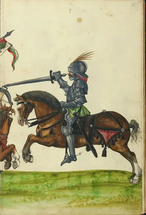 Framed Print : Three Horsemen in Armor from the Time of Emperor Sigismund; Tournament Book, about 1560-1570. Creator: Unknown Framed Print : Three Horsemen in Armor from the Time of Emperor Sigismund; Tournament Book, about 1560-1570. Creator: Unknown