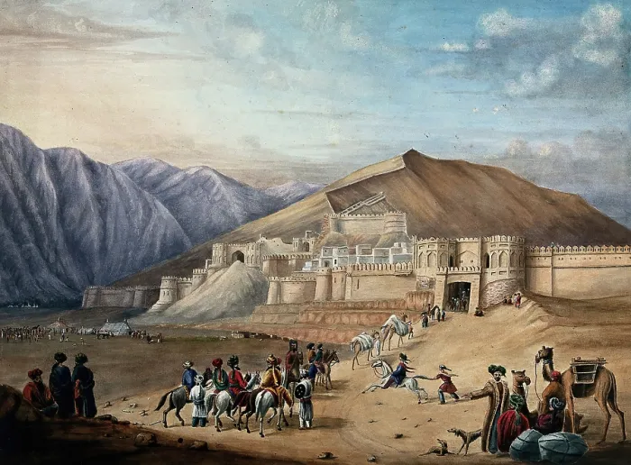 Framed Print : Horsemen assembled outside the city walls at Kabul, Afghanistan. Creator: Unknown Framed Print : Horsemen assembled outside the city walls at Kabul, Afghanistan. Creator: Unknown