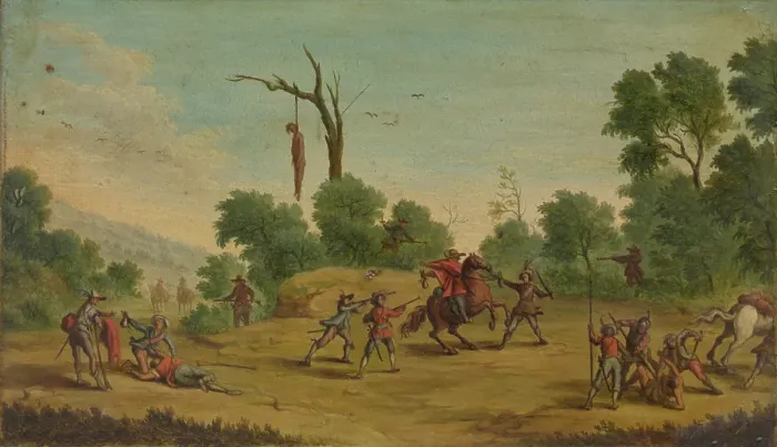 Framed Print : Horsemen Attacked by Robbers. Creator: Jacques Callot Framed Print : Horsemen Attacked by Robbers. Creator: Jacques Callot