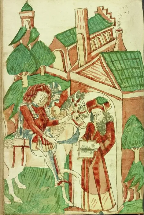 Framed Print : Two Horsemen of King Avenir before the Pagan Scholar Nachor; Barlaam und Josaphat, 1469. Creators: Hans Schilling, Diebolt Lauber Framed Print : Two Horsemen of King Avenir before the Pagan Scholar Nachor; Barlaam und Josaphat, 1469. Creators: Hans Schilling, Diebolt Lauber