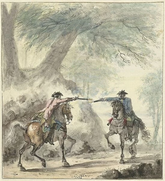 Two horsemen meet on a forest road and fire at each other, 1740. Creator: Cornelis Troost
