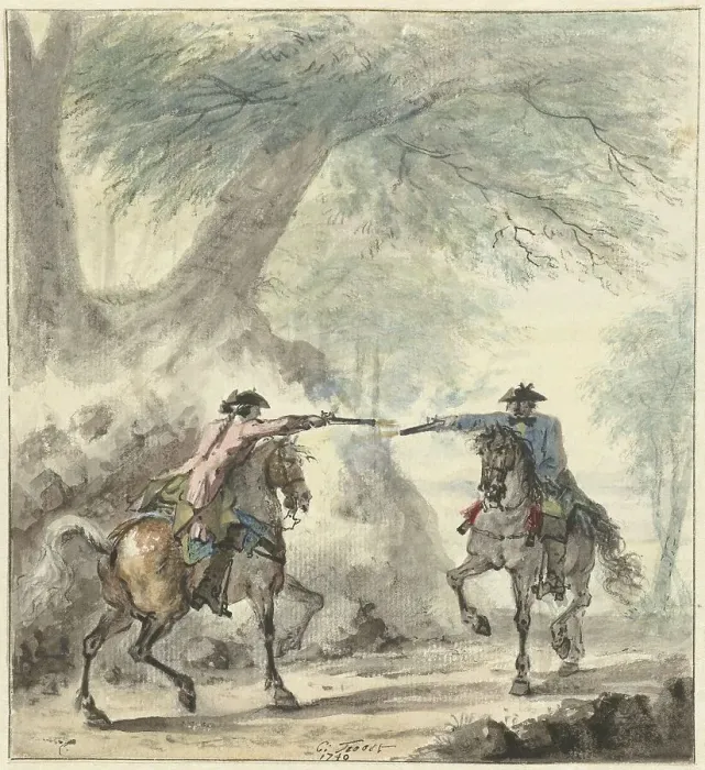 Framed Print : Two horsemen meet on a forest road and fire at each other, 1740. Creator: Cornelis Troost Framed Print : Two horsemen meet on a forest road and fire at each other, 1740. Creator: Cornelis Troost
