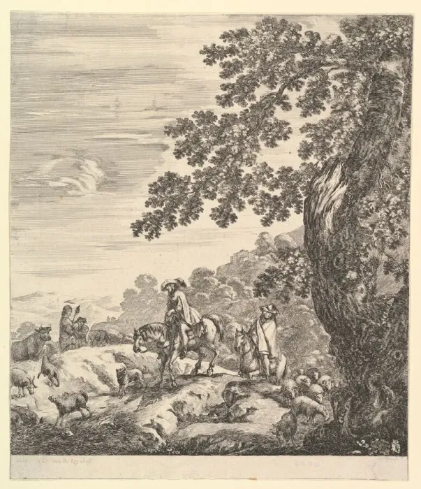 Framed Print : Two horsemen pass a flock, riding towards the left, a peasant woman and a young boy to Framed Print : Two horsemen pass a flock, riding towards the left, a peasant woman and a young boy to