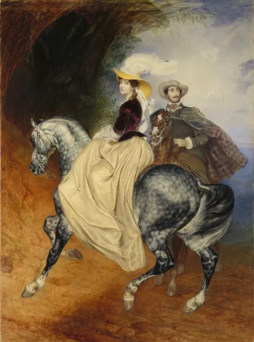 Framed Print : The Horsemen. Portrait of Eugeny and Emily Mussard, 1849. Artist: Briullov, Karl Pavlovich (1799-1852) Framed Print : The Horsemen. Portrait of Eugeny and Emily Mussard, 1849. Artist: Briullov, Karl Pavlovich (1799-1852)