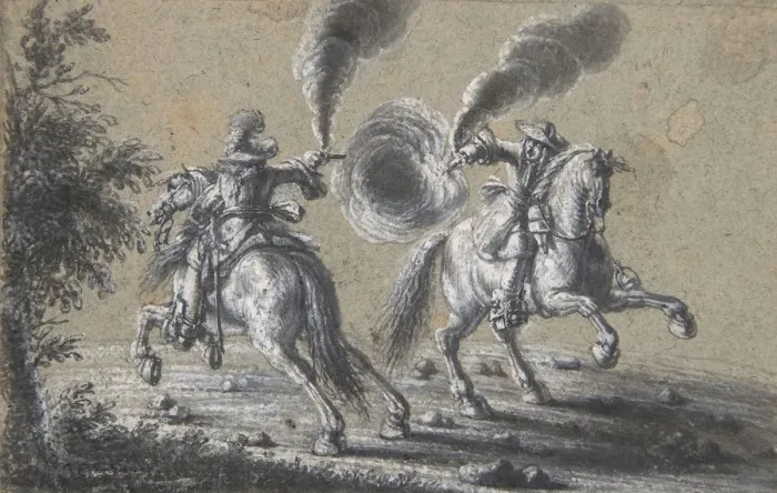Framed Print : Two Horsemen Shooting at Each Other, 1600-1677. Creator: Heinrich Werdmuller Framed Print : Two Horsemen Shooting at Each Other, 1600-1677. Creator: Heinrich Werdmuller