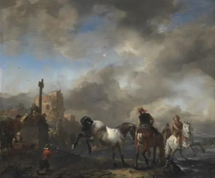 Framed Print : Horsepond near a Boundary Stone, c.1651-c.1654. Creator: Philips Wouwerman Framed Print : Horsepond near a Boundary Stone, c.1651-c.1654. Creator: Philips Wouwerman