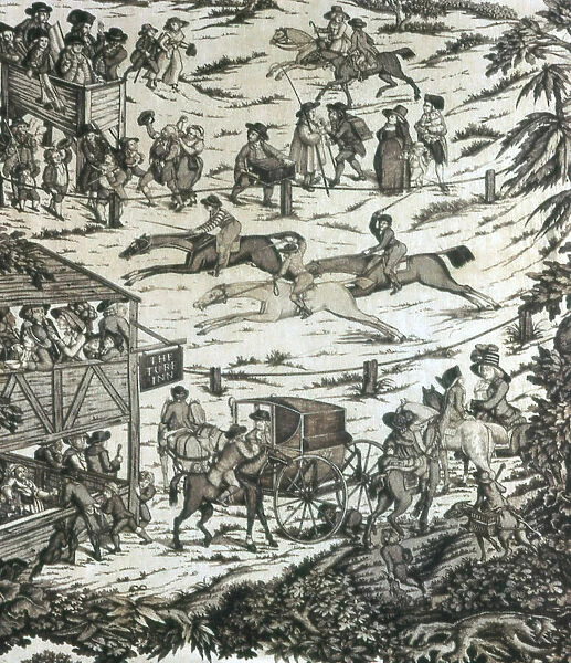 Horseracing at the Turf Inn (Furnishing Fabric), England, c. 1780. Creator: Unknown