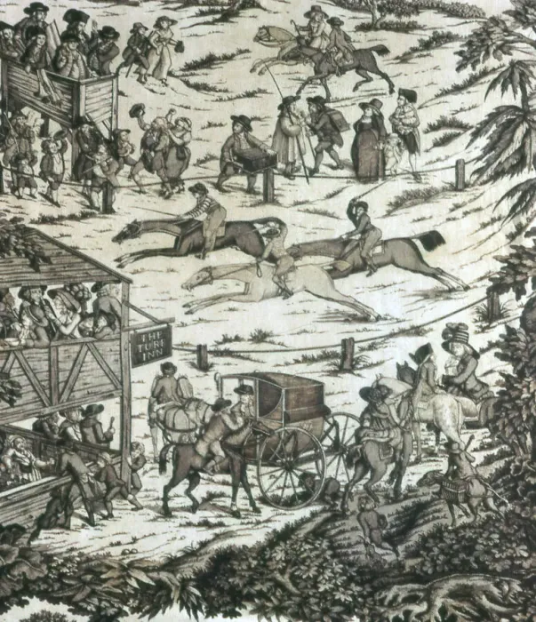 Framed Print : Horseracing at the Turf Inn (Furnishing Fabric), England, c. 1780. Creator: Unknown Framed Print : Horseracing at the Turf Inn (Furnishing Fabric), England, c. 1780. Creator: Unknown