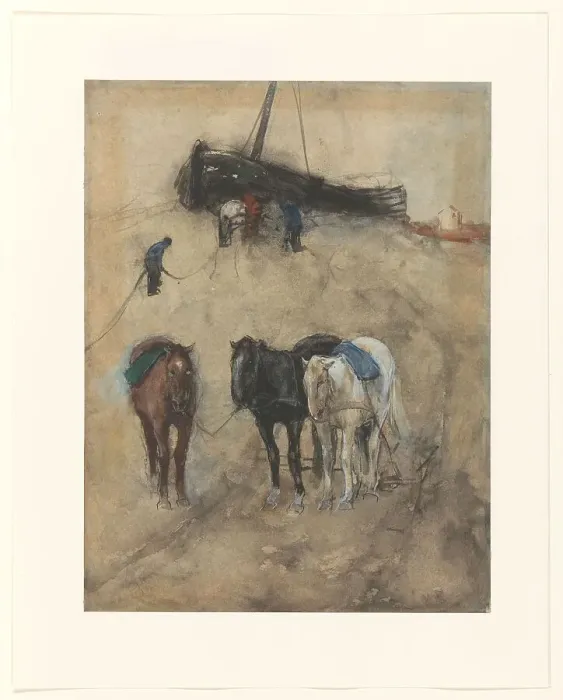 Framed Print : Horses on the beach, a barge and fishermen in the background, c.1867-c.1923. Creator: George Hendrik Breitner Framed Print : Horses on the beach, a barge and fishermen in the background, c.1867-c.1923. Creator: George Hendrik Breitner