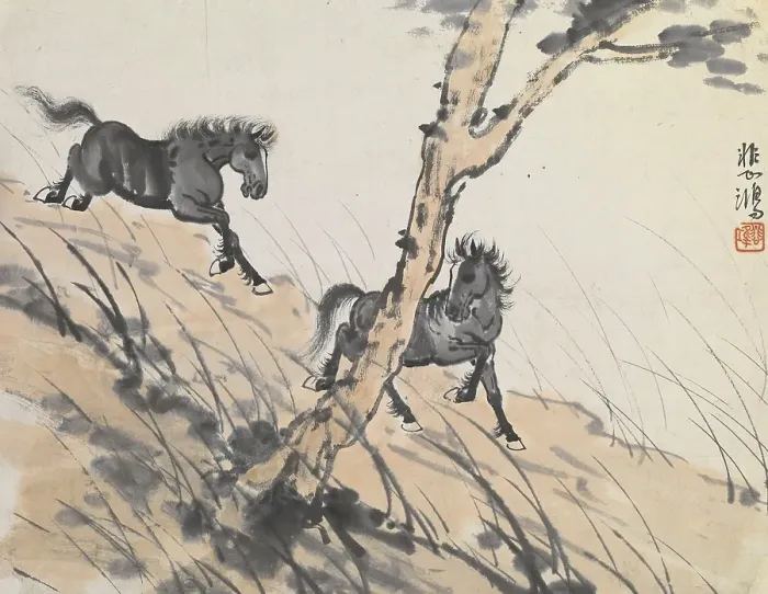 Framed Print : Two horses on hillside, early 1900s. Creator: Xu Beihong Framed Print : Two horses on hillside, early 1900s. Creator: Xu Beihong