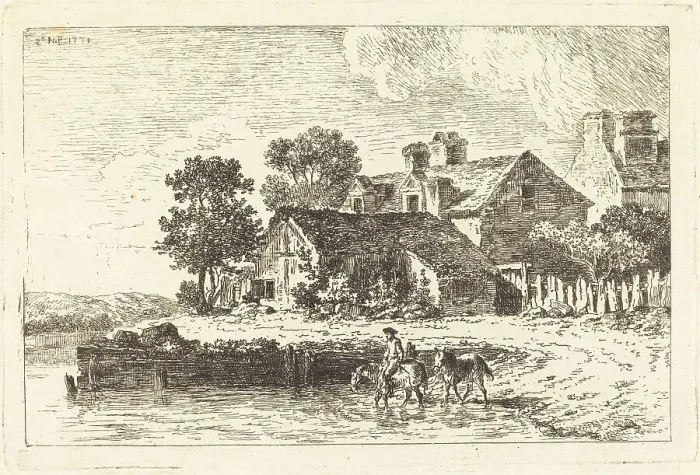 Framed Print : Horses Being Led to Water on a Winding Riverbank, 1771. Creator: Nicolas Perignon Framed Print : Horses Being Led to Water on a Winding Riverbank, 1771. Creator: Nicolas Perignon