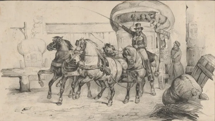 Framed Print : Five horses pulling a carriage with passengers, mid-19th century. Creator: Victor Adam Framed Print : Five horses pulling a carriage with passengers, mid-19th century. Creator: Victor Adam