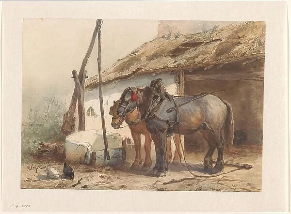 Two horses standing in front of a stable, 1851-1921. Creator: Wouter Verschuur