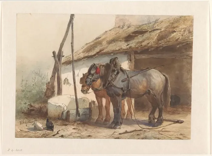 Framed Print : Two horses standing in front of a stable, 1851-1921. Creator: Wouter Verschuur Framed Print : Two horses standing in front of a stable, 1851-1921. Creator: Wouter Verschuur