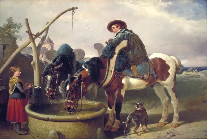 Framed Print : Horses at a well, 1854-1857. Artist: John Frederick Herring I Framed Print : Horses at a well, 1854-1857. Artist: John Frederick Herring I