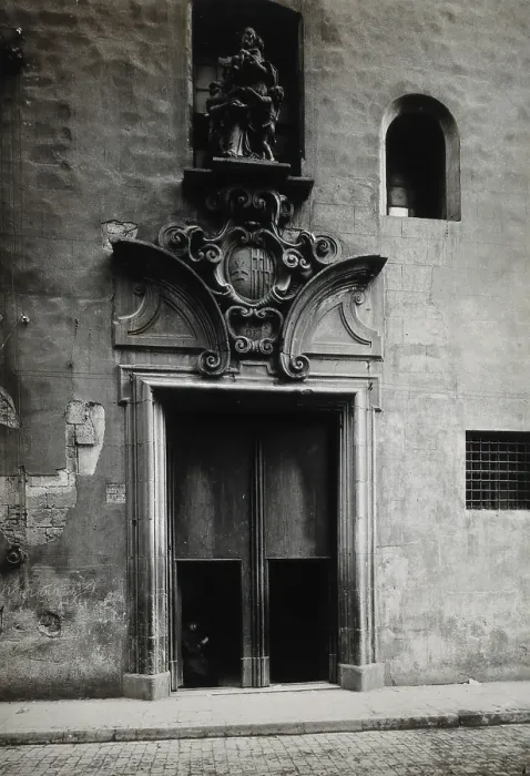Framed Print : Hospital de la Santa Cruz, Barcelona: the doorway.. with a statue of Charity... c1900s. Creator: Unknown Framed Print : Hospital de la Santa Cruz, Barcelona: the doorway.. with a statue of Charity... c1900s. Creator: Unknown