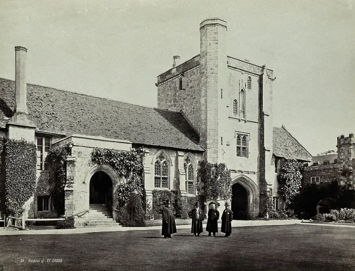 Framed Print : Hospital of Saint Cross, Winchester: four men standing in the courtyard, between 1800 and 1899. Creator: Unknown Framed Print : Hospital of Saint Cross, Winchester: four men standing in the courtyard, between 1800 and 1899. Creator: Unknown