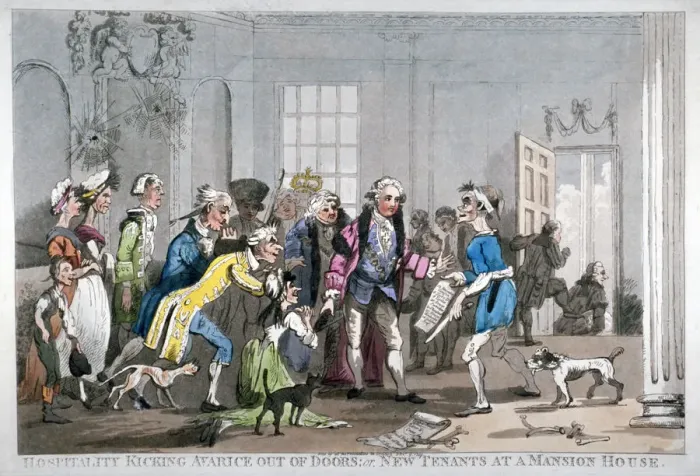 Framed Print : Hospitality kicking Avarice out of doors; or, new tenants at the Mansion House, 1799 Framed Print : Hospitality kicking Avarice out of doors; or, new tenants at the Mansion House, 1799