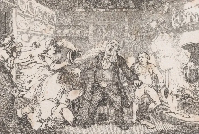 Framed Print : Hostess Discharges a Pan of Blood into the Face of Parson Andrews Framed Print : Hostess Discharges a Pan of Blood into the Face of Parson Andrews