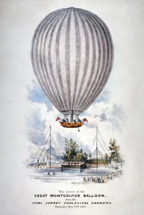 Framed Print : Hot air balloon ascending over Surrey Zoological Gardens, Southwark, London, 1838 Framed Print : Hot air balloon ascending over Surrey Zoological Gardens, Southwark, London, 1838