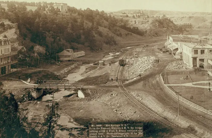 Framed Print : Hot Springs, SD From the Fremont, Elkhorn and MV Ry bridge looking north to Fred... 1891. Creator: John C. H. Grabill Framed Print : Hot Springs, SD From the Fremont, Elkhorn and MV Ry bridge looking north to Fred... 1891. Creator: John C. H. Grabill