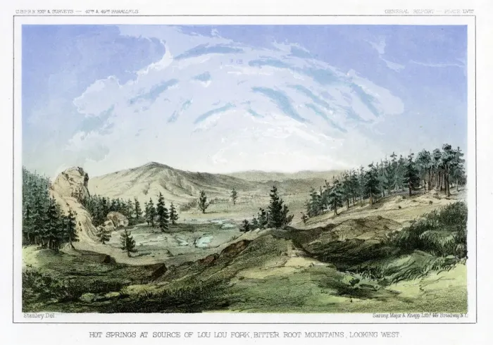 Framed Print : Hot Springs at their source in Lou Lou Fork, Bitterroot Mountains, Montana, USA, 1856. Artist: John Mix Stanley Framed Print : Hot Springs at their source in Lou Lou Fork, Bitterroot Mountains, Montana, USA, 1856. Artist: John Mix Stanley
