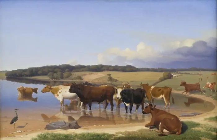 Framed Print : A hot Summer's afternoon; a herd of cattle has sought refuge in the Kölige lake, 1846. Creator: Jorgen Sonne Framed Print : A hot Summer's afternoon; a herd of cattle has sought refuge in the Kölige lake, 1846. Creator: Jorgen Sonne