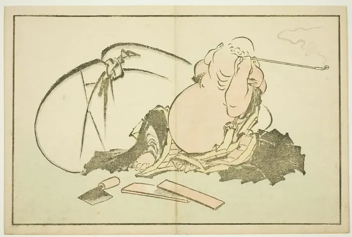 Framed Print : Hotei Smoking his Pipe, from The Picture Book of Realistic Paintings of Hokusai... Japan, c. 1814. Creator: Hokusai Framed Print : Hotei Smoking his Pipe, from The Picture Book of Realistic Paintings of Hokusai... Japan, c. 1814. Creator: Hokusai
