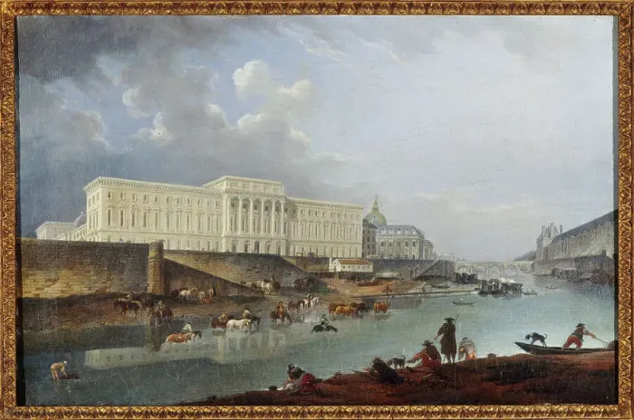 Framed Print : Hotel de la Monnaie, the Quai de Conti and the Seine, seen from the tip of la Cite, 1777. Creator: Pierre-Antoine Demachy Framed Print : Hotel de la Monnaie, the Quai de Conti and the Seine, seen from the tip of la Cite, 1777. Creator: Pierre-Antoine Demachy