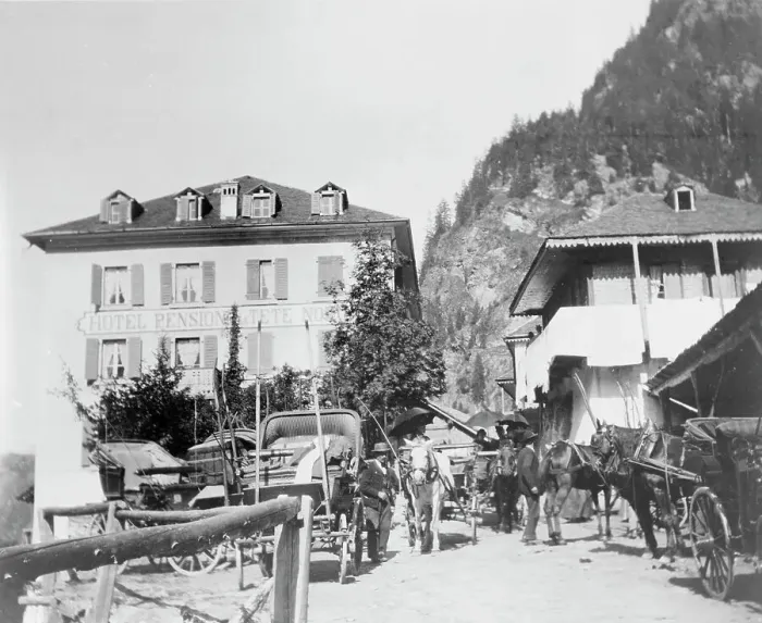 Framed Print : Hotel Pension de la Tete Noire, somewhere in Europe, with horses and carriages... c1900. Creator: Frances Benjamin Johnston Framed Print : Hotel Pension de la Tete Noire, somewhere in Europe, with horses and carriages... c1900. Creator: Frances Benjamin Johnston