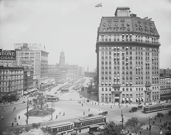 Hotel Pontchartrain and Campus (i.e. Cadillac Square) from City Hall, Detroit, Mich. c.1916-1920. Creator: Unknown
