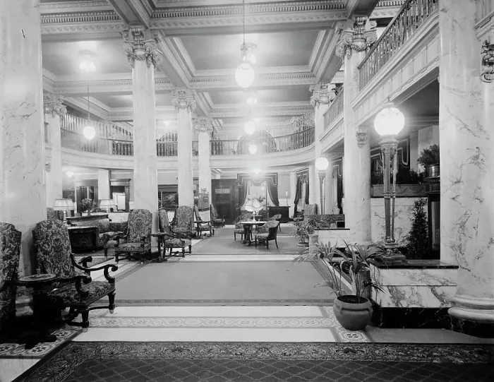 Framed Print : Hotel Utica, reception lobby, Utica, N.Y. between 1905 and 1915. Creator: Unknown Framed Print : Hotel Utica, reception lobby, Utica, N.Y. between 1905 and 1915. Creator: Unknown