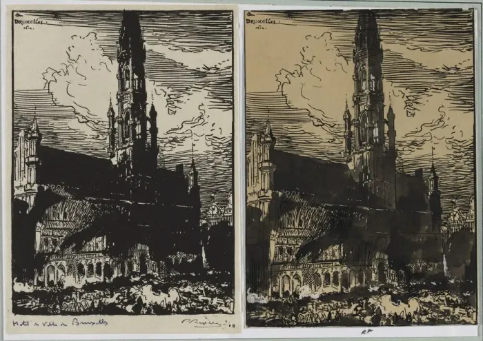Framed Print : Hotel de Ville de Bruxelles en feu, 1914. Creator: Auguste Louis Lepere (French Framed Print : Hotel de Ville de Bruxelles en feu, 1914. Creator: Auguste Louis Lepere (French