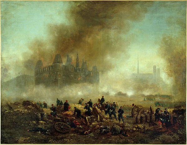 The Hotel de Ville set on fire, attacked by the troops of Versailles, 1871. Creator: Gustave Boulanger
