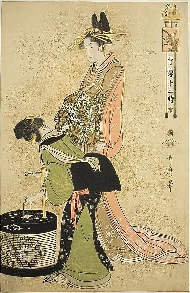 Hour of the Cock (Tori no koku), from the series 'Twelve Hours in Yoshiwara...', Japan, c. 1794. Creator: Kitagawa Utamaro. Hour of the Cock (Tori no koku), from the series 'Twelve Hours in Yoshiwara...', Japan, c. 1794