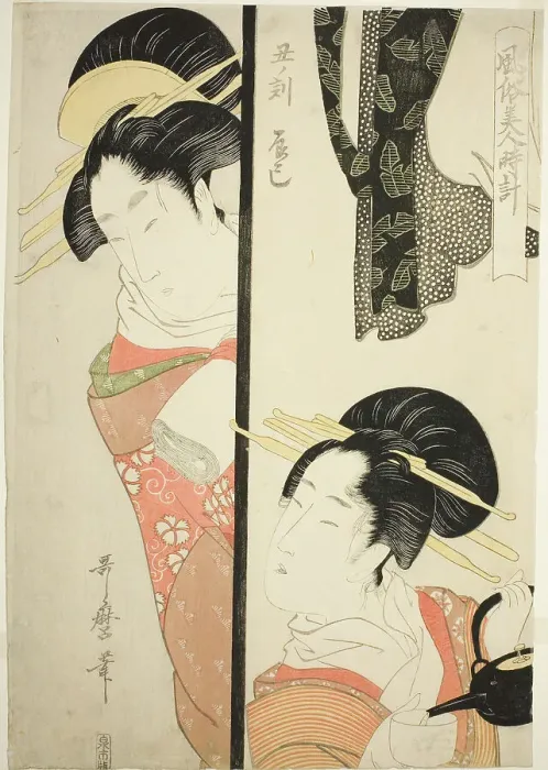 Framed Print : Hour of the Ox (Ushi no koku) Fukagawa Pleasure Quarter (Tatsumi), from the series... c. 1798 / 99. Creator: Kitagawa Utamaro Framed Print : Hour of the Ox (Ushi no koku) Fukagawa Pleasure Quarter (Tatsumi), from the series... c. 1798 / 99. Creator: Kitagawa Utamaro